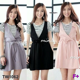 SS1062 Dress  มินิเดรส ผ้าตัวเสื้อลายทางตัดต่อเอี๊ยมกระโปรง