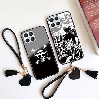 เคสโทรศัพท์มือถือกระจกนิรภัย แบบแข็ง กันกระแทก ลายอนิเมะ One Piece Luffy Skull พร้อมสายคล้อง สําหรับ HUAWEI Honor 70 60 50 30 Pro Honor 70Pro 60 SE 50Pro 30pro Plus 30s