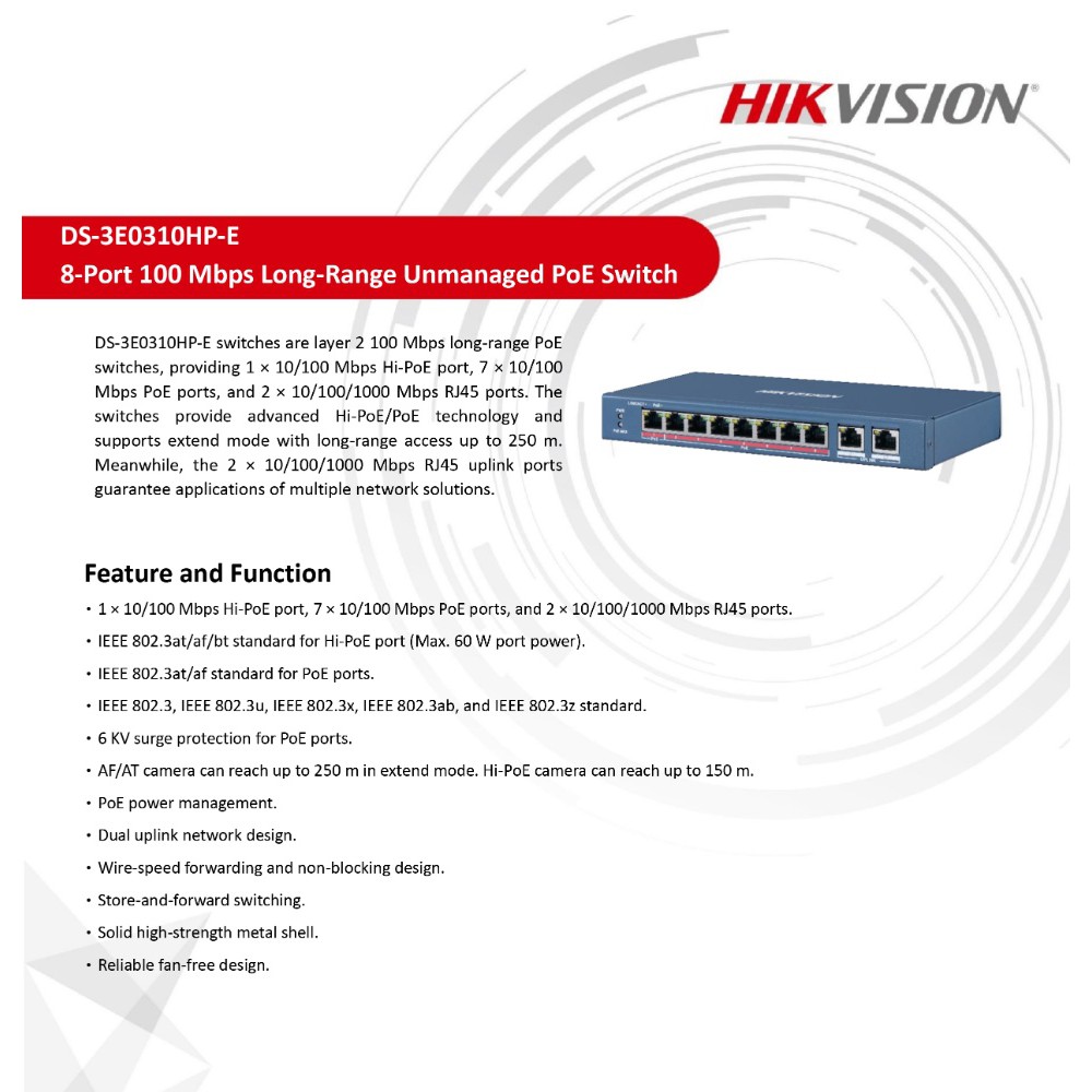 Hikvision poe switching 82 port ds 3e0310hp e l2 unmanaged 8
