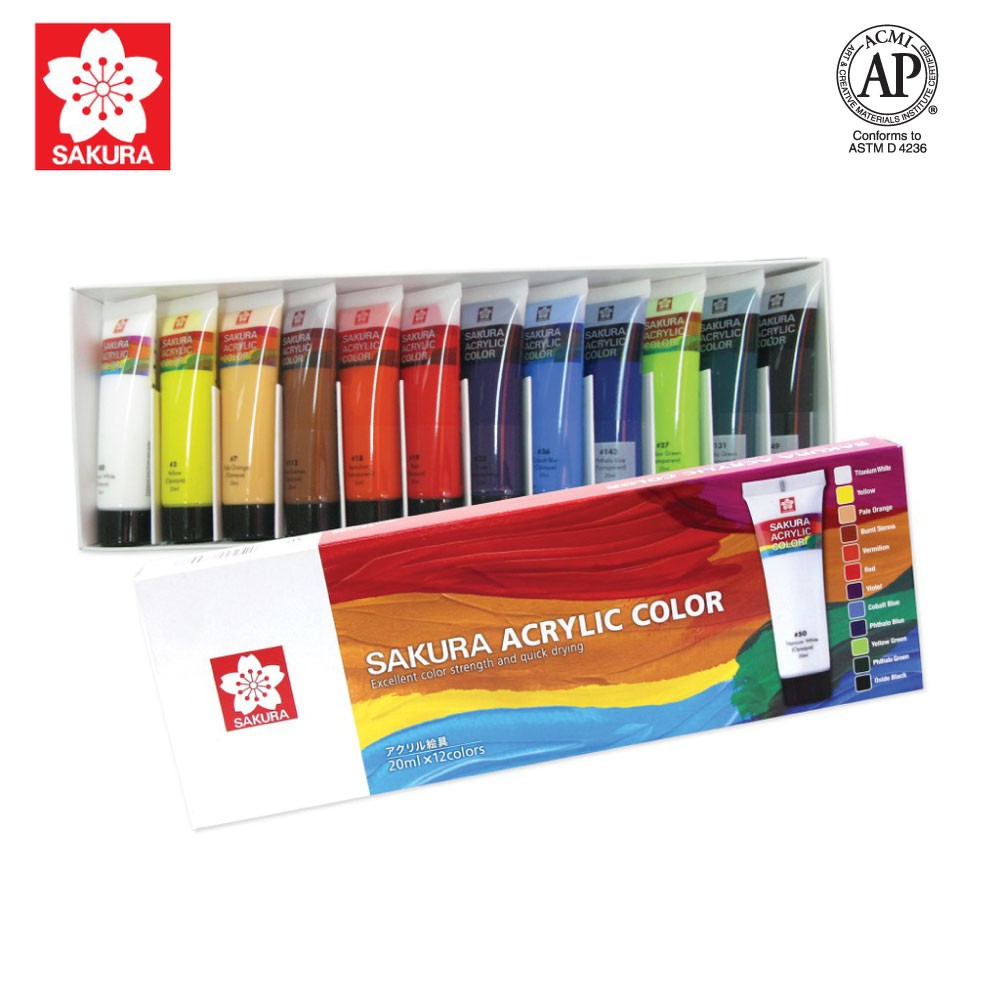 SAKURA (ซากุระ) เซ็ตสีอคิลิค 12 สี ขนาด 20ml. สีอะคริลิค acrylic รหัส XAC20-12(s)