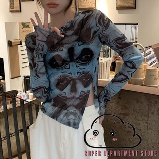 Women´s Sexy Mesh Print Crop Tops Long Sleeve Shirt Graphic Print Slim Fit Side Split Blouse