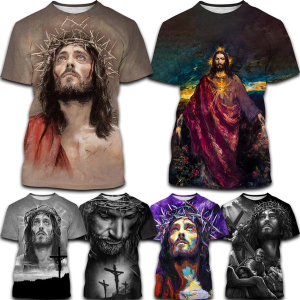 เสื้อยืดแขนสั้นลําลอง คอกลม พิมพ์ลายพระเยซู 3 มิติ แฟชั่นฤดูร้อน สําหรับผู้ชาย และผู้หญิง