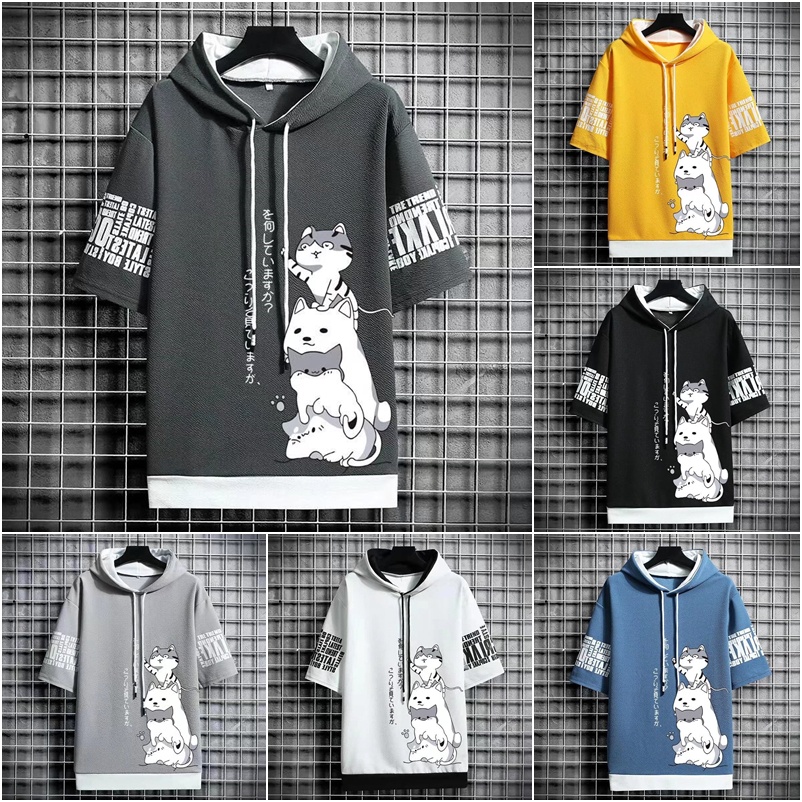 COD S-3XL เสื้อยืดคอกลมสไตล์เกาหลี เสื้อยืดแขนสั้นลายแมว พลัสขนาดสไตล์ลำลองเสื้อผ้าผู้ชายเทรนด์ฤดูร้อน