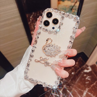 เคสโทรศัพท์มือถือนิ่ม แบบใส ลายหงส์ ประดับเพชร พลอยเทียม แวววาว หรูหรา สําหรับ iPhone 14 13 12 11 Pro Max XR XS Max X 7 8 14 Plus SE3 12 13 Mini