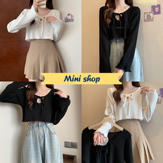 Mini shop🌸พร้อมส่ง🌸(7650) เสื้อไหมพรมแขนยาว ดีเทลผูกเชือกตรงหน้าอกน่ารักมาก