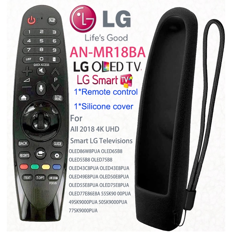 ใหม่ รีโมตคอนโทรล AN MR18BA แบบเปลี่ยน สําหรับสมาร์ททีวี LG 2018 4K UHD (พร้อมฝาครอบรีโมตคอนโทรล สีดํา) ไม่มีเสียง ตัวชี้ เข้ากันได้กับ LG TV OLED65W8PUA OLED77W8PUA OLED43W8PUA OLED49