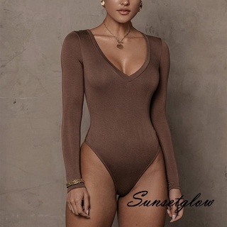 S-G/Women Tight Solid Color Bodysuit, Long Sleeve Deep V Neck Triangle Crotch Tops Playsuit