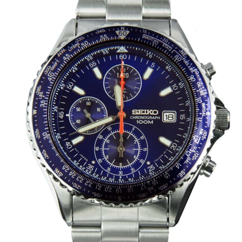 Seiko Flightmaster Chronograph นาฬิกาข้อมือผู้ชาย สีเงิน/น้ำเงินสายสแตนเลส รุ่น SND255P1