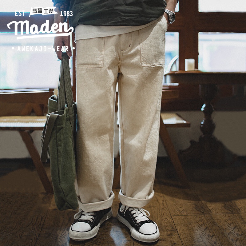 Retro Tooling Style 2025 Fall New Men Youth Japanese Beige Loose boy Simple Straight Casual Jeans