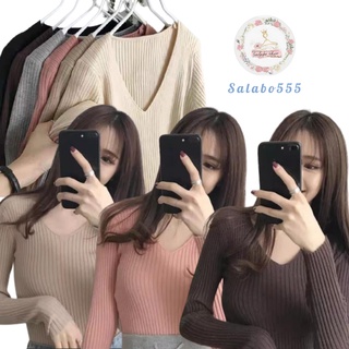 SALABO(13สี พร้อมส่ง)  เสื้อคอวีแขนยาว ร่องใหญ่ ไหมพรม #9911