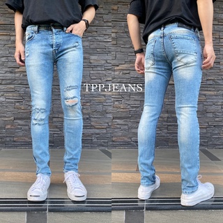 JEANSEXPRESS Korean Skinny LightBlue Denim กางเกงยีนส์ผ้ายืดเกาหลีสีบลูฟอกซีด ขาดเข่าเซอร์ ทรงสกินนี่ เป้ากระดุม Size 28-36 รับชำระปลายทาง