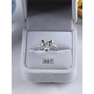 Ins แหวนเงินแท้ S925 แหวนโบว์ กระดิ่ง ปรับยืดได้ตามขนาดนิ้ว