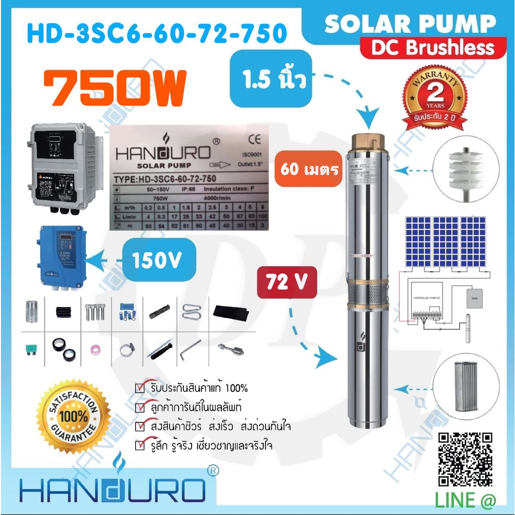 ปั๊มน้ำโซล่าเซลล์ HANDURO ขนาด 750W [ HD-3SC6-60-72-750 ] ท่อออก 1.5 นิ้ว ปริมาณน้ำสูงสุด 6 คิว