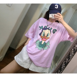 Sjyp เสื้อยืดแขนสั้น ผ้าฝ้าย ทรงหลวม พิมพ์ลาย Donald Duck แฟชั่นฤดูร้อน