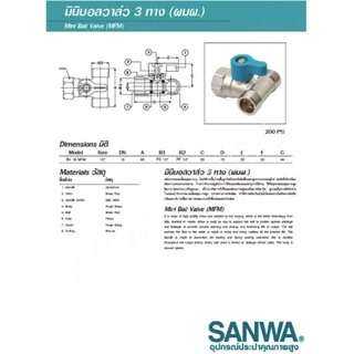 มินิบอลวาล์ว บอลวาวล์ สามทาง ผมผ. ผผผ. ผผผ. 2 วาล์ว ซันวา ผผผ ผมผ SANWA ซันวา ขนาด 1/2" (4หุน)