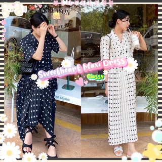 Sweetheart Maxi Dress พร้อมส่ง เดรสลายหัวใจ ทรงเชิ้ต โทนสีขาวดำ กระโปรงอัดพลีท เดรสแขนสั้น เดรสกระโปรง งานป้าย