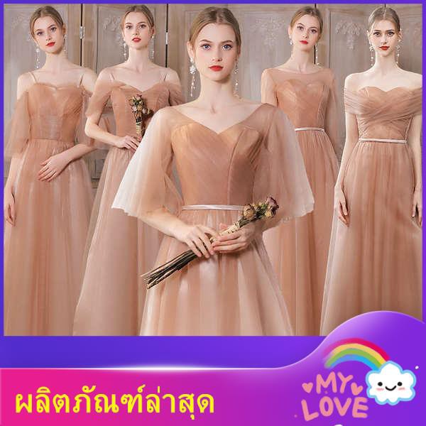 ชุดเพื่อนเจ้าสาวสีชมพู ชุดเพื่อนเจ้าสาว ชุดราตรี ชุดเพื่อนเจ้าสาว 2020  ฤดูหนาวใหม่งานแต่งงานที่เรียบง่ายนางฟ้าอารมณ์ยาวบ - Zxcvdggha - Thaipick