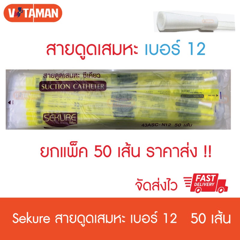 20 ชุดแรก Sekure สายดูดเสมหะ เบอร์ 12 FR (50เส้น) (ซีเคียว) แบบไม่มีตัว control หัวสีขาว