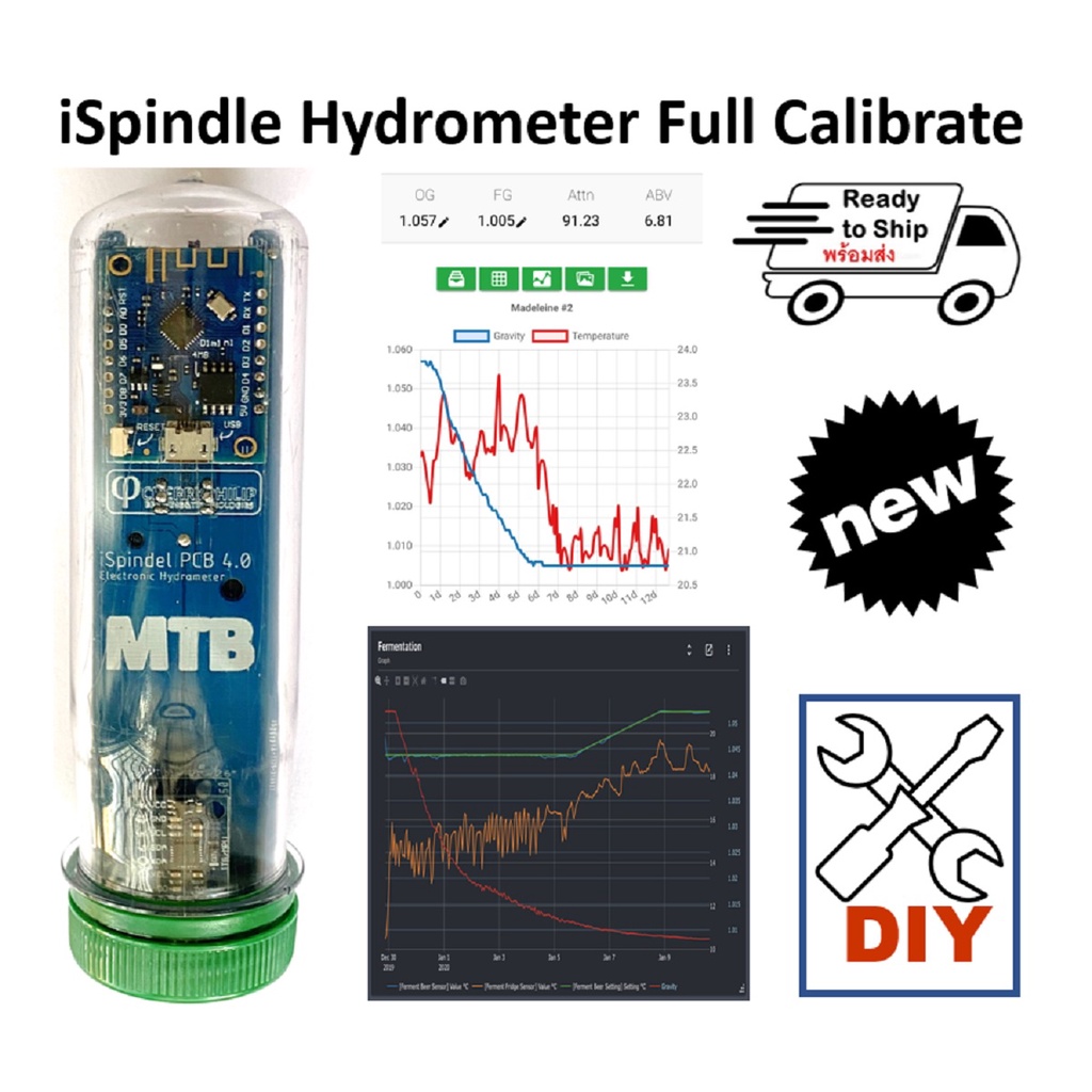 พร้อมส่ง!!iSpindel Hydrometer Full Calibate ไฮโดรมิเตอร์  พร้อมใช้งาน Gavity Detactor ปรับเทียบค่าเรียบร้อยพร้อมใช้งาน