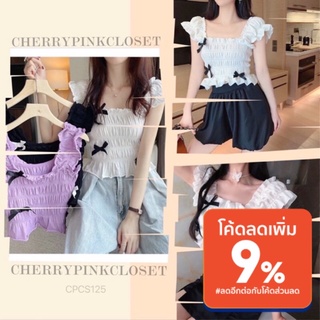 CHERRYPINK: CPCS125| LOVELY IN Sleeveless Ruffled Bow Crop Top |XS S M L XL XXLสาวอวบอ้วน