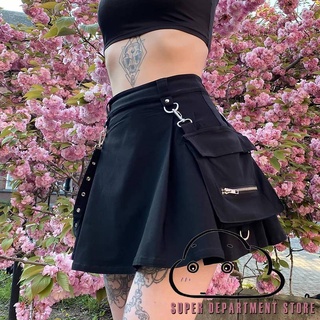 ♡VP◐y2k Women Gothic Punk Mini Skirts Cool Girls High Waist Black Half Dress with Belt Pocket Decoration