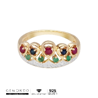 Gemondo แหวนเงินแท้ 925 ชุบทองคำ 18K ประดับทับทิม ไพลิน มรกต และเพชร : แหวนพลอย แหวนเงิน แหวนทอง ดีไซน์มงกุฏ