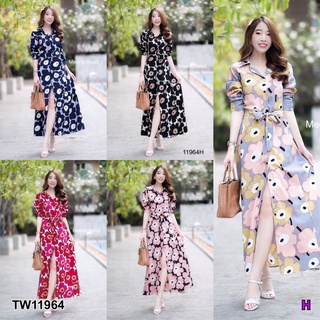 SK11964 Maxi Dress เดรสเชิ้ตยาวติดกระดุมด้านหน้าเปิดได้ แขนยาว เนื้อผ้าไหมญี่ปุ่นลายดอกเมกโก๊ะ ลายคมชัด มีเชือกผูกเอว