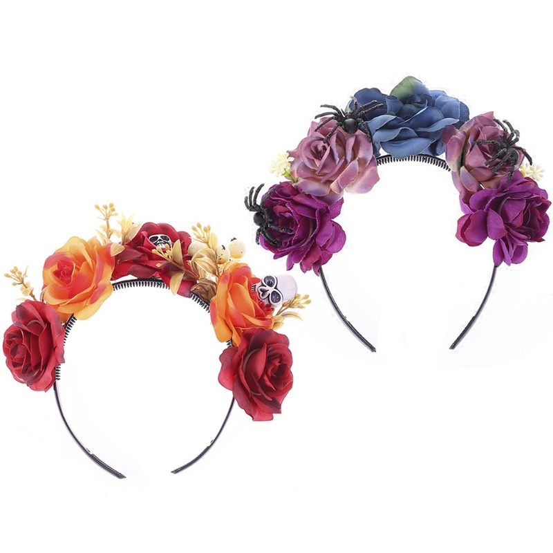 Cozy Day of the Dead Spider Skull Headband ห่วงผมมงกุฎดอกกุหลาบหลากสี