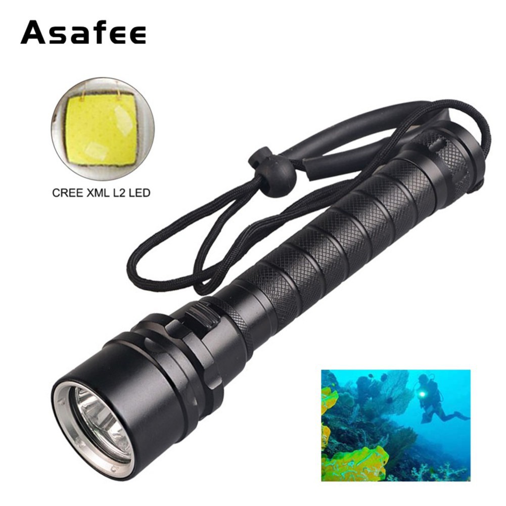 Asafee 3000Lm XML L2 LED กันน้ํา 18650 ไฟฉายดําน้ํา 100M ไฟฉายดําน้ําใต้น้ํา