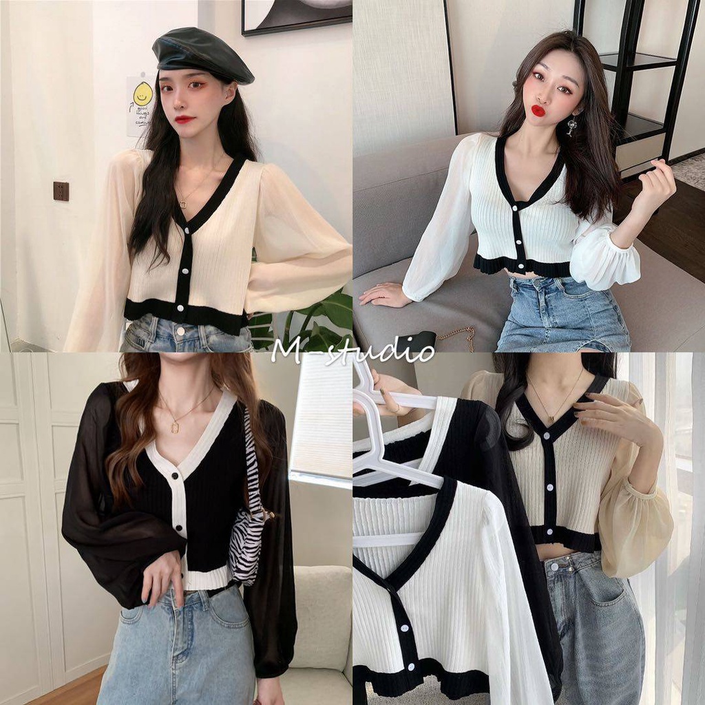 Maze พร้อมส่ง เสื้อไหมพรม แขนยาวแต่งซีทร (823)