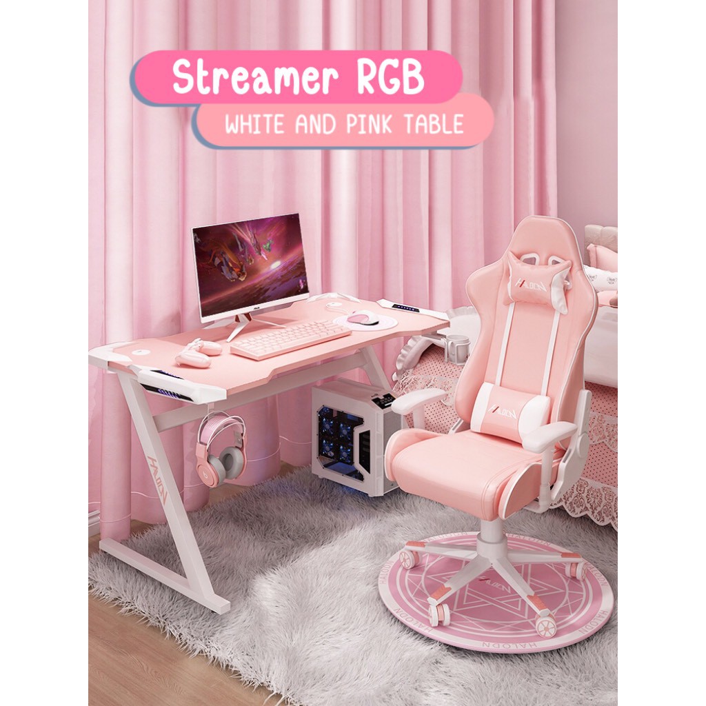 ชุดโต๊ะเกมมิ่ง ไฟ RGB โต๊ะคอม พร้อมเก้าอี้ สีชมพู ส่งฟรี