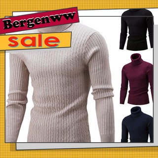 &lt;BergenWW&gt;เสื้อสเวตเตอร์ถัก แขนยาว คอเต่า สีพื้น แฟชั่นสําหรับผู้ชาย