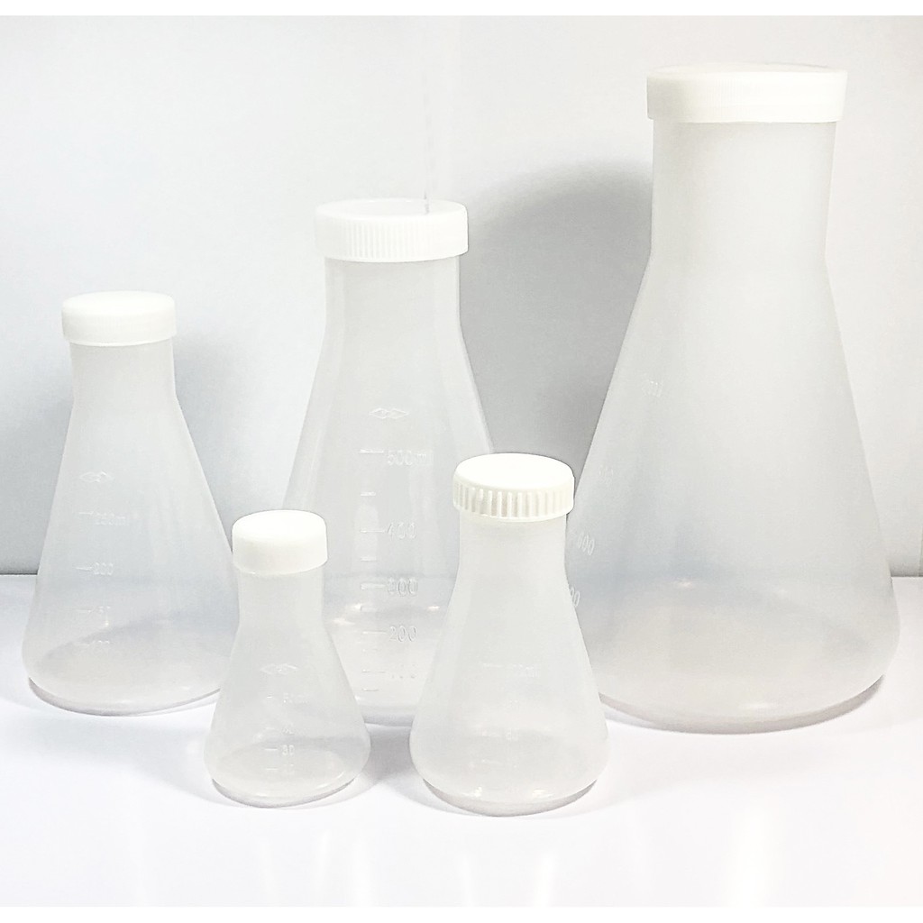 ขวดรูปชมพู่ พลาสติก มีขีดสเกล พร้อมฝาเกรียว ขนาด 50ml, 100ml and 250ml Plastic Erlenmeyer Flask with