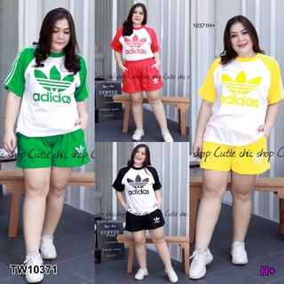 MF10371  Set 2 ชิ้น #BigSize เสื้อคอกลมแขนสั้นตีแถบ 3 เส้น มาคู่กับกางเกงขาสั้น เนื้อผ้าคอนตอนสกรีนลาย กางเกงมีกระ