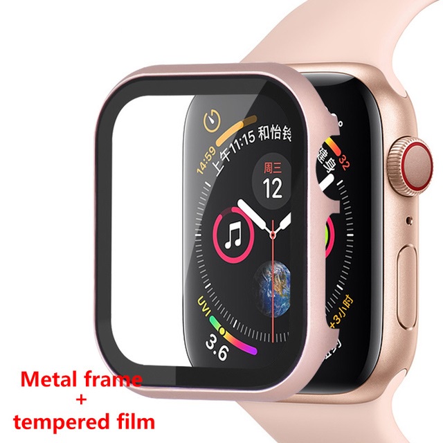 เคส applewatch แก้ว + เฟรมโบว์ลิ่ง โลหะหนัก เคส applewatch series 7 6 SE 5 4 3 41mm 45mm 44mm 42mm iwatch band 40mm 38mm Metal bumper All-around screen protector frame apple watch series 7 case