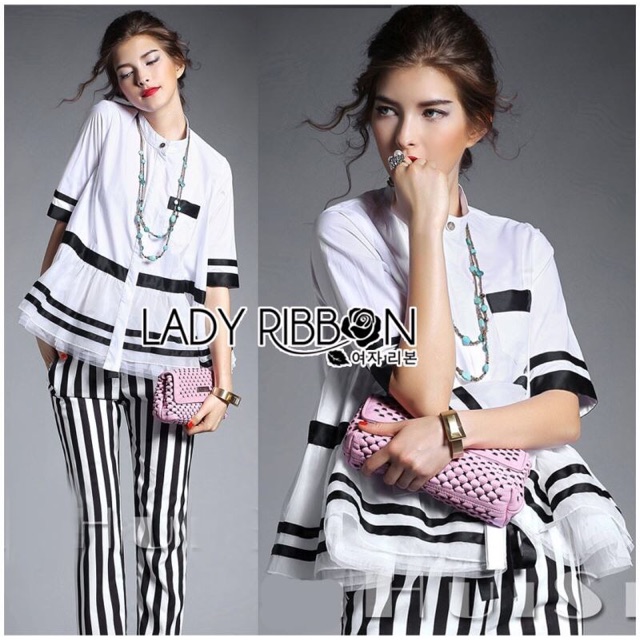🎀 Lady Alica Super Chic Peplum Striped Shirt and Striped Pants Set