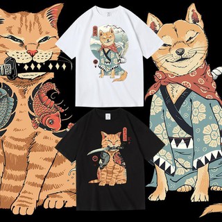 【🔥🔥】เสื้อยืด ญี่ปุ่น Harajuku สไตล์ Ukiyo-e Shiba Inu ORANGE Cat Retro พิมพ์เสื้อผ้าผ้าฝ้ายรอบคอสั้นเสื้อยืดฤดูร้อนผู้