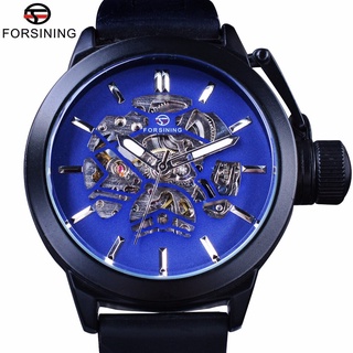 Forsining Blue Skeleton Dial Rubber Band Mens Sport Mechanicl Safe Crown Mens Watch Top Brand Luxury Black Automatic Wri