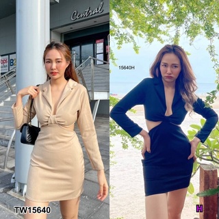 👗Pfashion [ส่งไว!!🚛] P15640 เดรสสั้นแขนยาวเว้าเอวคอปกเทเลอร์