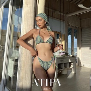 Atipashop -  Set stripe bikini เซ็ท บิกินี ได้ 3 ชิ้น ผ้าคลุม + บรา+ กางเกงผูก (ผ้า2ชั้น)