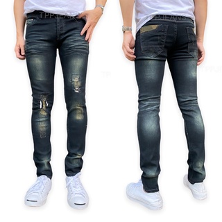 ๋JEANSEXPRESS Mens Skinny Denim กางเกงยีนส์สกินนี่ชาย สีบลูฟอกสนิมแต่งปะขาด ผ้ายืด สวมใส่สบาย เป้ากระดุม Size 26-36