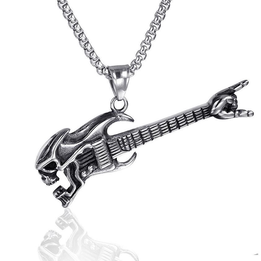 ♡Domineering สร ้ อยคอยุโรปอเมริกัน Hip Hop Skull Bass กีตาร ์ Gesture สร ้ อยคอผู ้ ชาย Retro เพลงเ