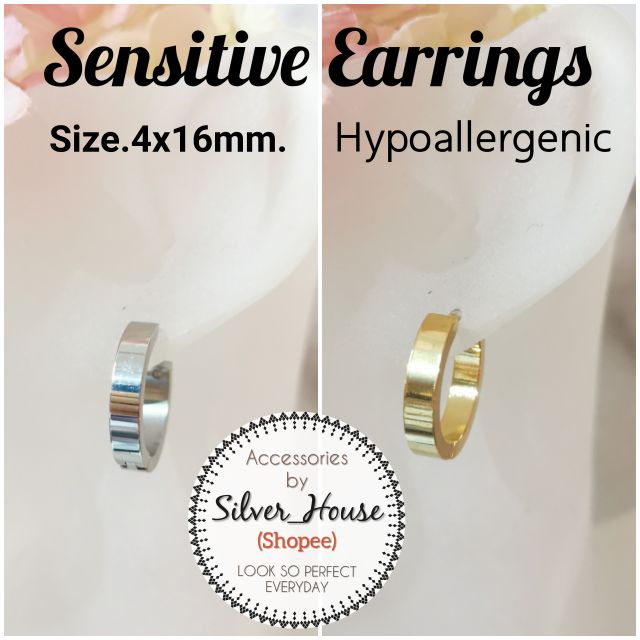(SE6) ต่างหูแบบห่วง​สำหรับคนแพ้ง่าย​ Sensitive Earrings หน้ากว้าง4mm. มีทั้งสีเงินและสีทอง