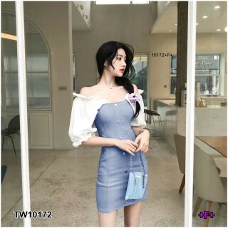 เดรสคอวีหน้า-หลัง ช่วงแขนพองสีขาว ตัดเย็บ