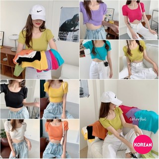 🎀Korean Fashion🎀เสื้อไหมพรม ทรงครอปสั้น แขนสั้นคอกว้าง สีพื้น 8 สี NEWแฟชั่น