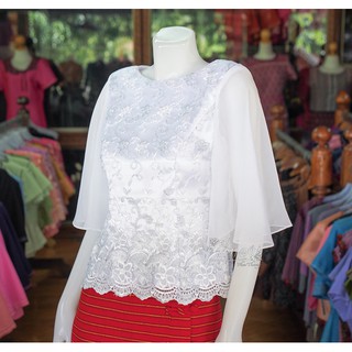 เสื้อลูกไม้สีขาวแต่งแขนผ้าชีฟอง