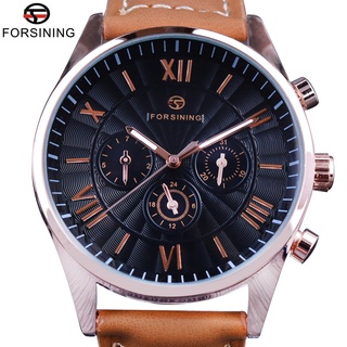 Forsining 2017 Fashion Swirl Dial Design 3 Dial 6 Hands Genuine Leather Mens Watches Top Brand Luxury Display Automatic