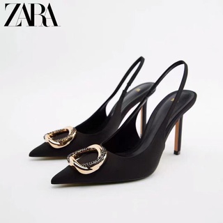 Zara ใหม่ รองเท้าส้นสูง หัวแหลม แต่งหัวเข็มขัดโลหะ แฟชั่นฤดูใบไม้ผลิ สําหรับผู้หญิง 2022