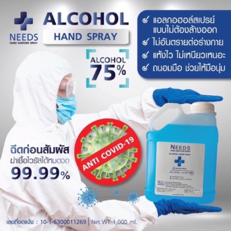 แอลกอฮอล์ สเปรย์ ALCOHOL HAND SPRAY 75% ไม่ปรุงแต่งกลิ่นขนาด1แกลลอน/1000ml