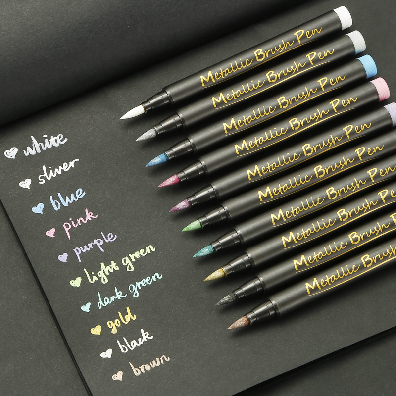 ปากกามาร์กเกอร์ ปากกาพู่กันเมทัลลิก หัวนิ่ม สีดํา สําหรับเขียนตัวอักษรกราฟฟิติ การ์ด อัลบั้ม DIY